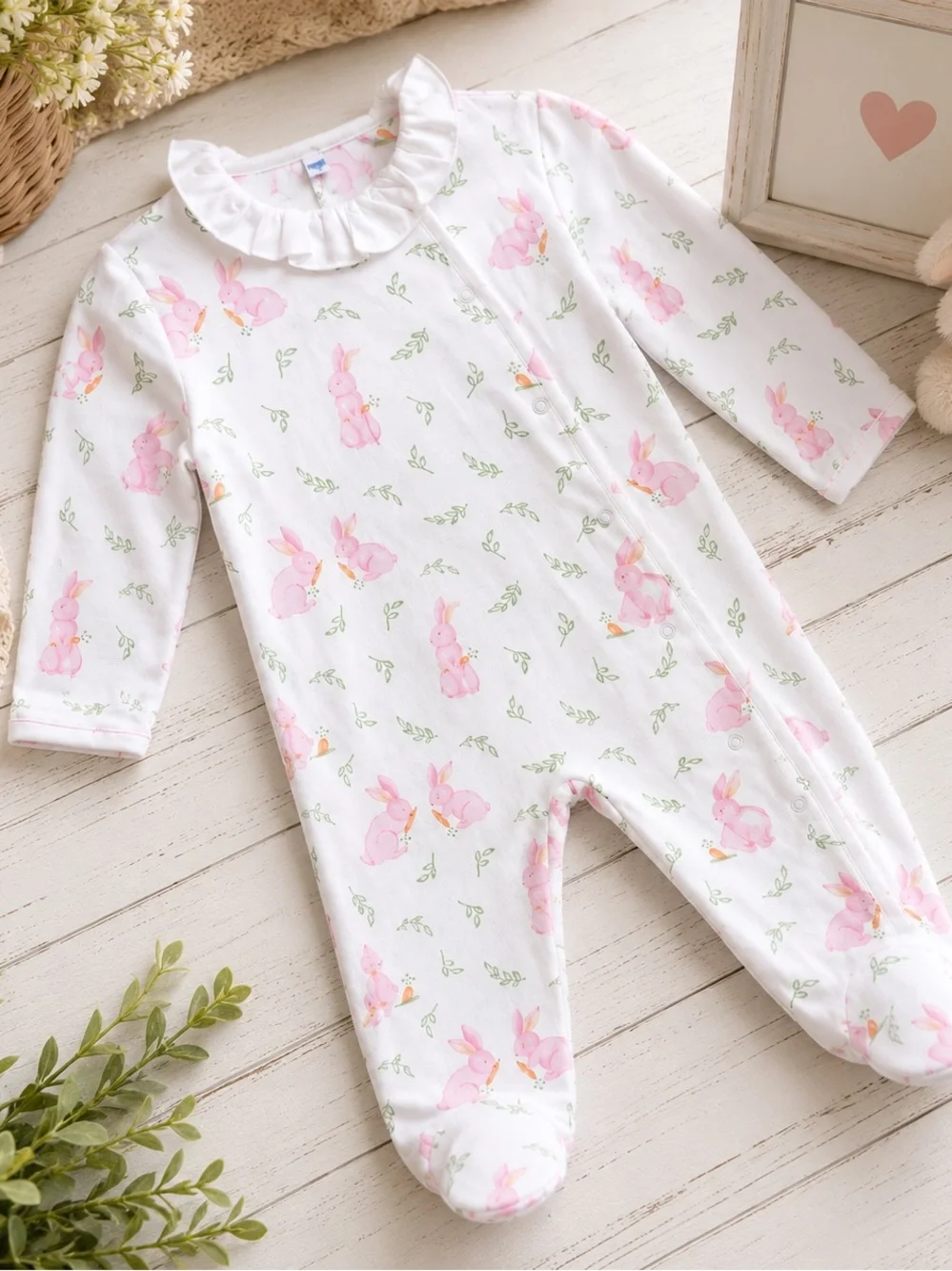 NWT Nellapima Pink Bunny Crossover Footie Pima Cotton 6-9M Ruffle Collar